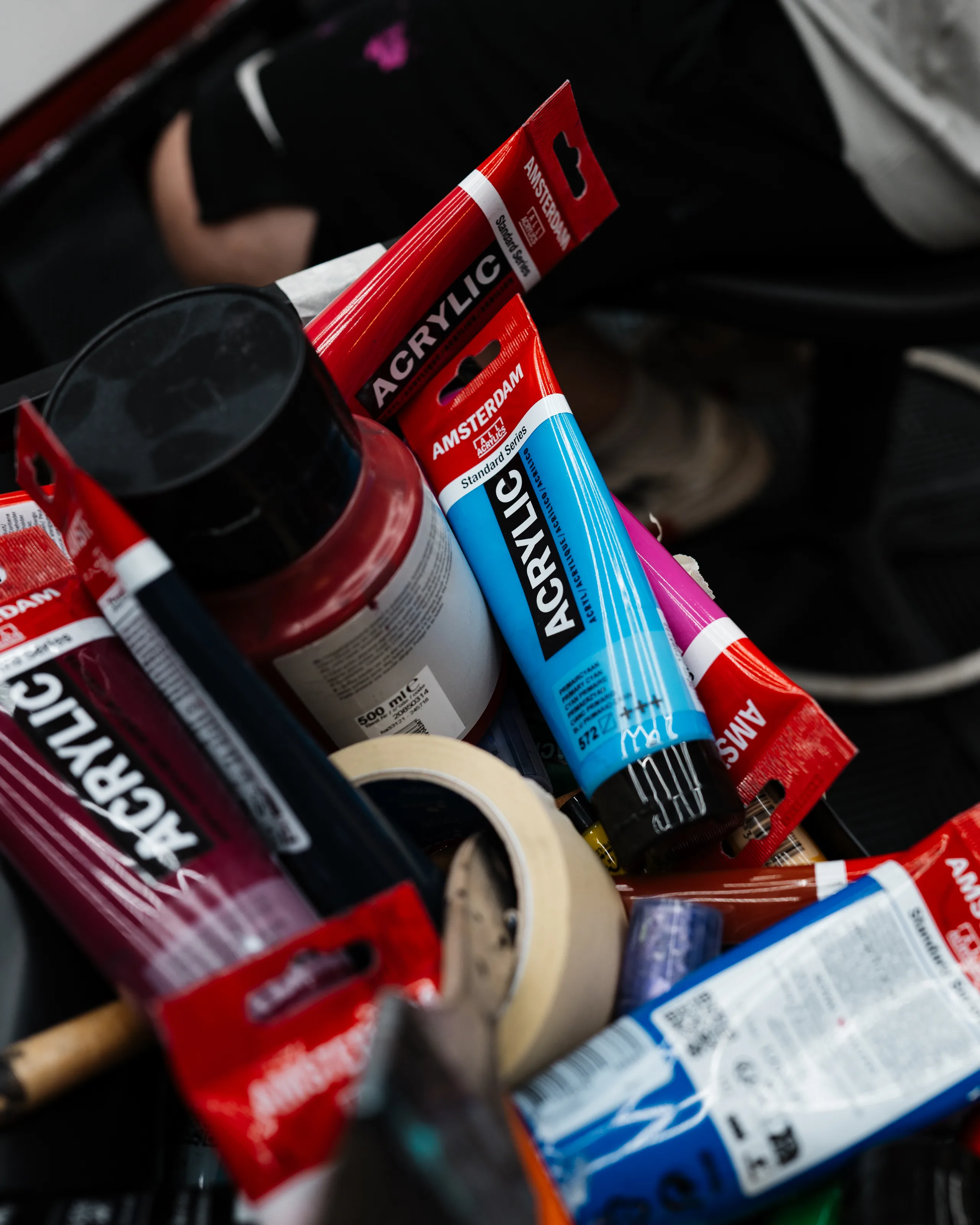 Acrylic paint tubes on the studio table